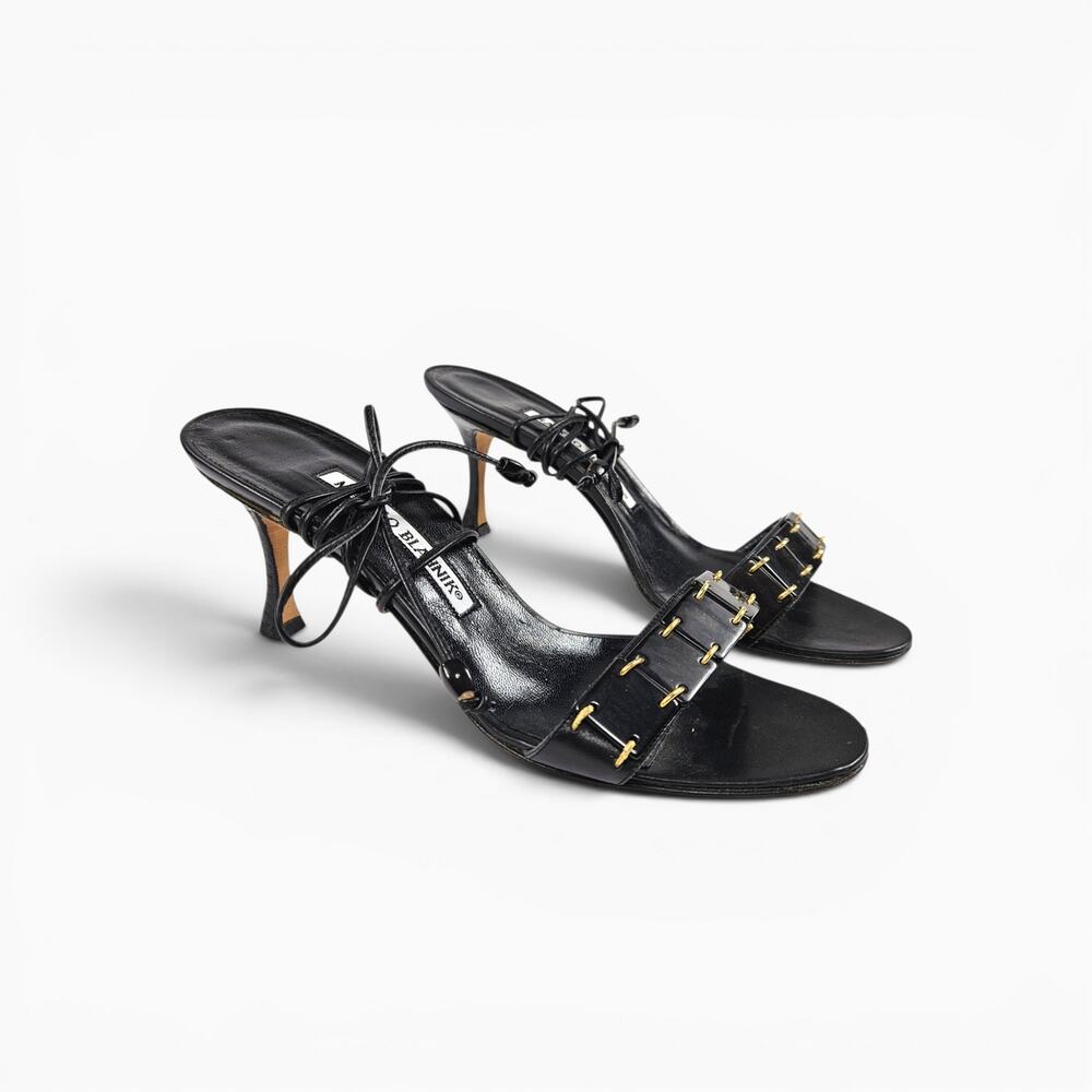 Y2k Manolo Blahnik Kitten Heels Strappy Black Leather - Size 35.5 (5) - Picture 1 of 6